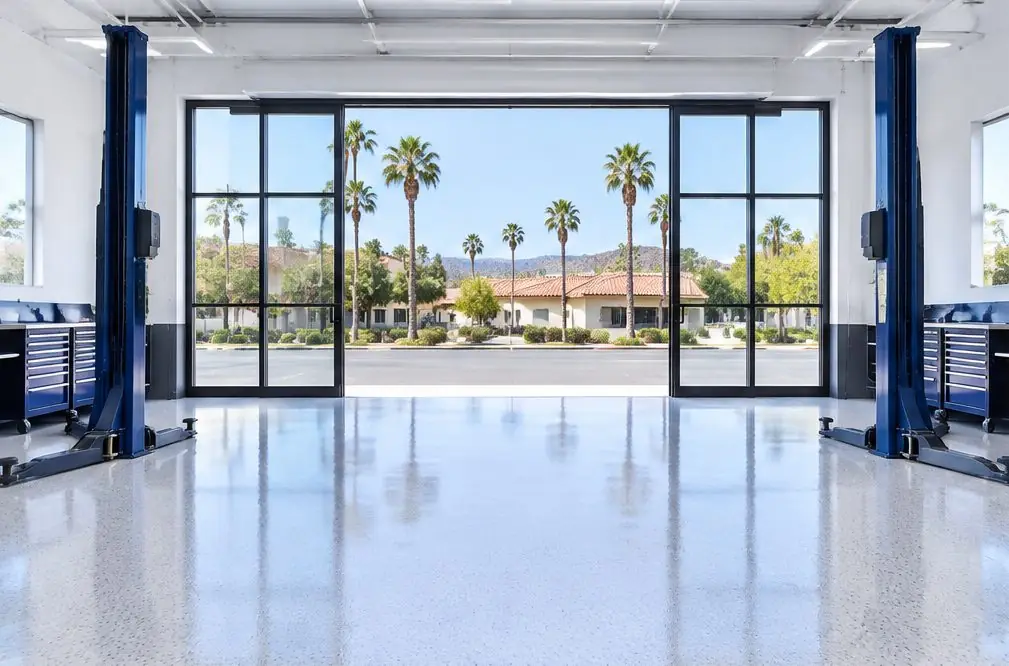Illustration: a coated floor seen from inside, with Auto Park Way beyond the open door
