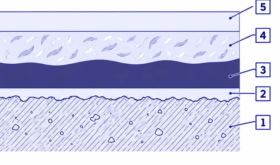 Diagram: cross-section of a metallic epoxy garage floor, ground concrete, primer, opaque base coat, a metallic pigment coat and a clear top coat