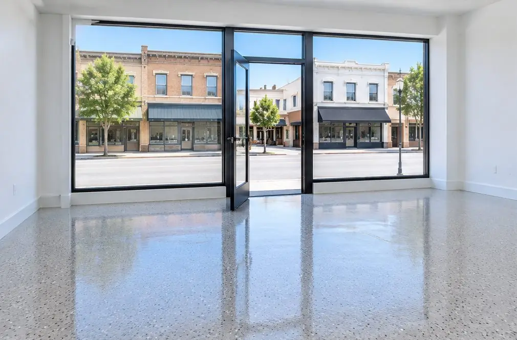 Illustration: a coated floor seen from inside, with Downtown Escondido beyond the open door